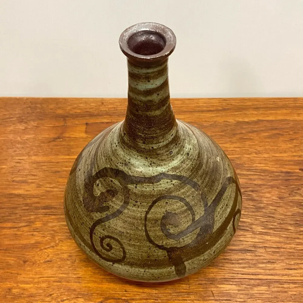 Vintage Studio Pottery Stoneware Bud Vase Swirl Design Artist Signed Pennebacker